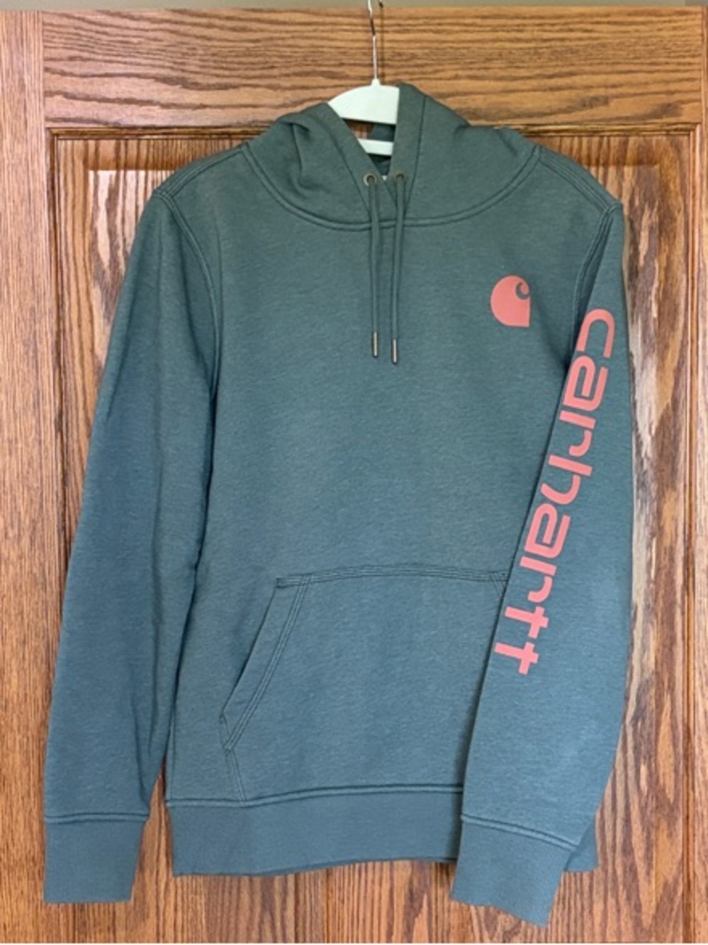 Carhartt Sage Green Crewneck Hoodie with Coral Logo Size S Like New